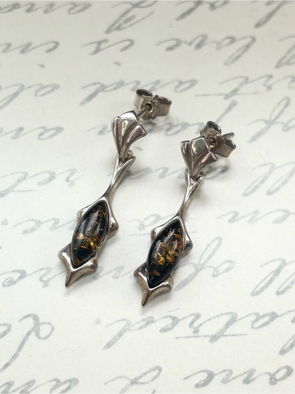 Sterling Silver Stud Drop Earrings with Amber Accent - Green Amber